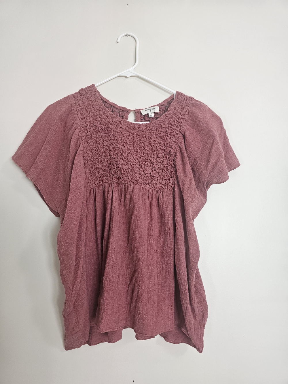 Umgee Mauve Smocked Yoke Flutter Sleeve Blouse